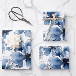 Abstracte blauwe en witte waterverf bloemen inpakpapier vel