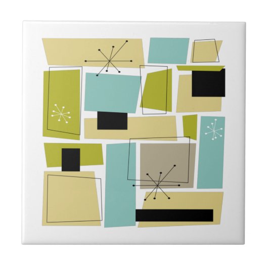 Abstracte blauwe gele vierkantjes midden eeuw tegeltje (Voorkant)