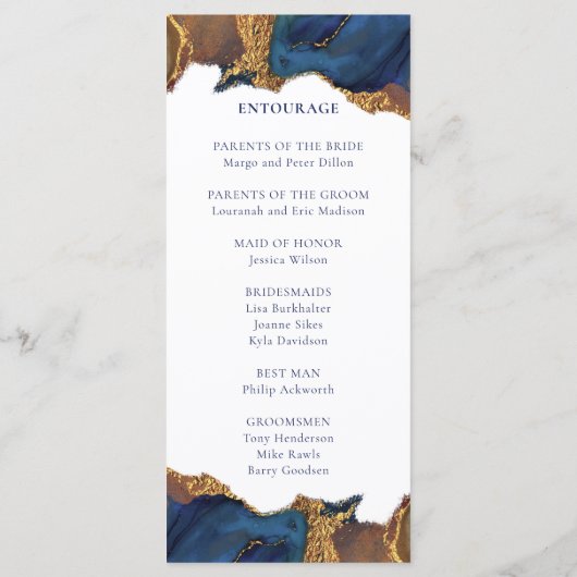 Abstracte blauwe gouden bruiloft programmakaart (Achterkant)