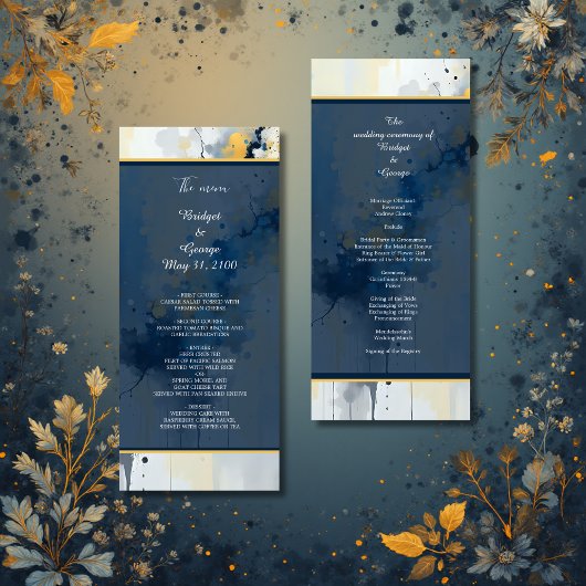 Abstracte Blauwe & Gouden Inkt Splatter Kunstwerk Programmakaart