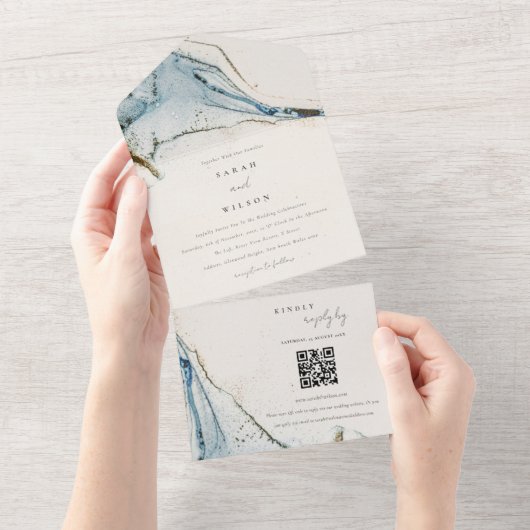 Abstracte blauwe goudvlek QR-code All In One Uitnodiging (Afscheurbaar)