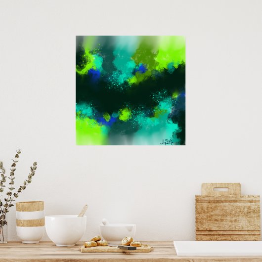 Abstracte blauwe groene hedendaagse moderne kunst poster (Keuken)