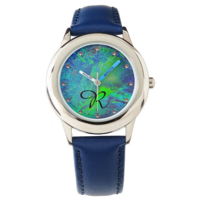 ABSTRACTE BLAUWE GROENE OPAL FOTOMONOGRAM HORLOGE (Voorkant)
