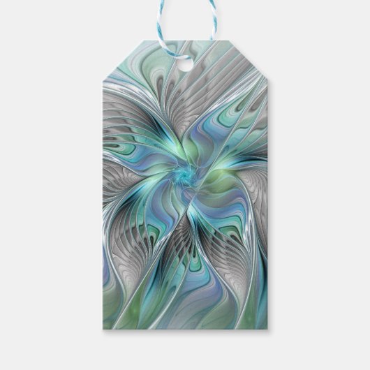 Abstracte blauwe groene vlinder fantasie fractale  cadeaulabel (Voorkant)
