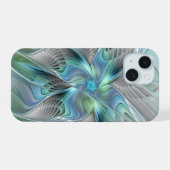 Abstracte Blauwe Groene Vlinder Fantasie Fractale  iPhone 15 Case (Achterkant horizontaal)