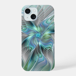 Abstracte blauwe groene vlinder fantasie fractale iPhone 15 case