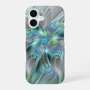 Abstracte blauwe groene vlinder fantasie fractale iPhone 16 hoesje