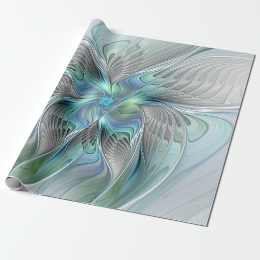 Abstracte blauwe groene vlinder Fantasy Fractal Ar Cadeaupapier (Uitgerold)