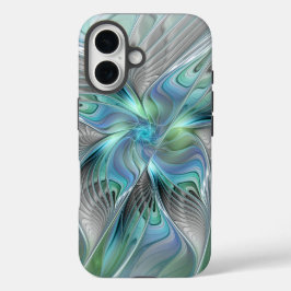 Abstracte blauwe groene vlinder Fantasy Fractal Ar iPhone 16 Hoesje