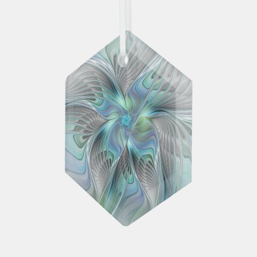 Abstracte blauwe groene vlinder Fantasy Fractal Ar Glas Ornament (Voorkant links)