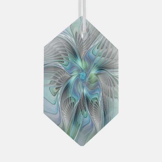 Abstracte blauwe groene vlinder Fantasy Fractal Ar Glas Ornament (Voorkant Rechts)