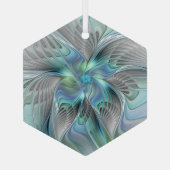 Abstracte blauwe groene vlinder Fantasy Fractal Ar Glas Ornament (Achterkant)