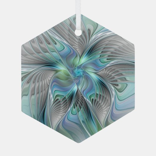 Abstracte blauwe groene vlinder Fantasy Fractal Ar Glas Ornament (Achterkant)