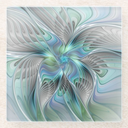 Abstracte blauwe groene vlinder Fantasy Fractal Ar Glazen Onderzetter (Voorkant)