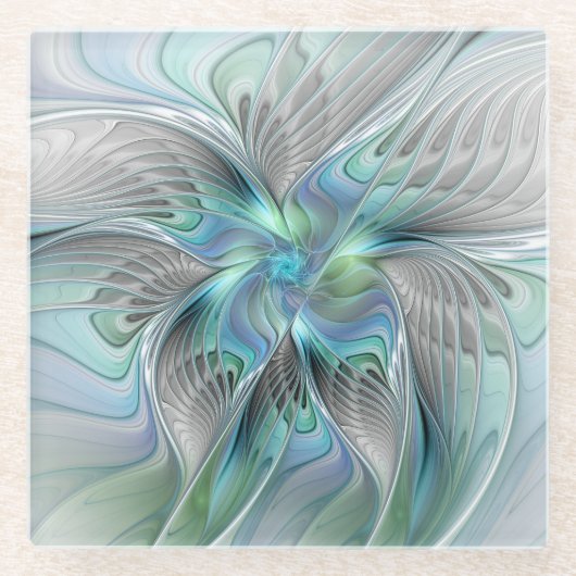 Abstracte blauwe groene vlinder Fantasy Fractal Ar Glazen Onderzetter (Voorkant)