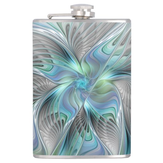 Abstracte blauwe groene vlinder Fantasy Fractal Ar Heupfles (Voorkant)