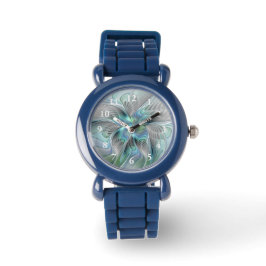 Abstracte blauwe groene vlinder Fantasy Fractal Ar Horloge