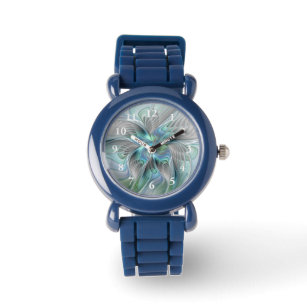 Abstracte blauwe groene vlinder Fantasy Fractal Ar Horloge