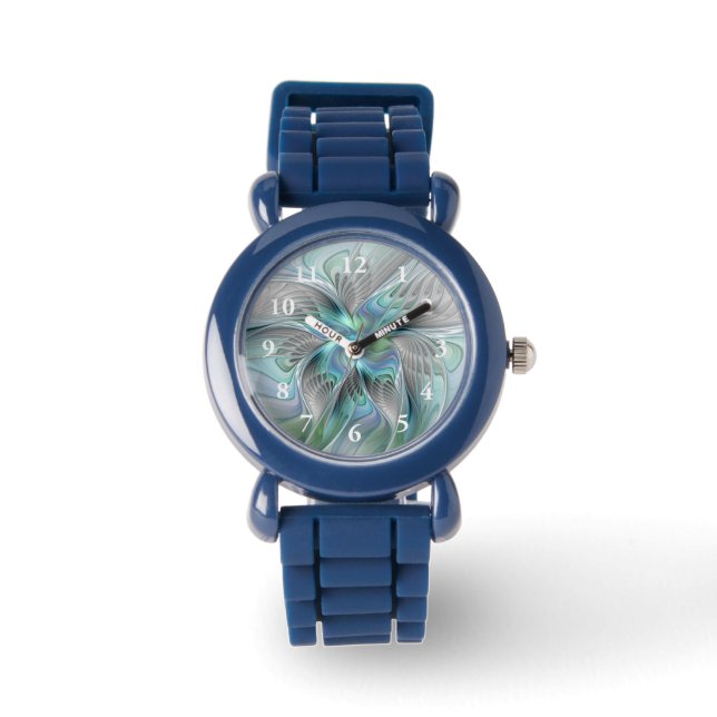 Abstracte blauwe groene vlinder Fantasy Fractal Ar Horloge (Voorkant)
