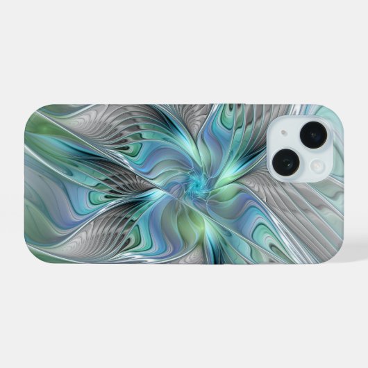 Abstracte blauwe groene vlinder Fantasy Fractal Ar iPhone 15 Case (Achterkant horizontaal)