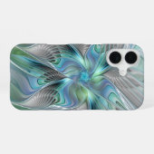 Abstracte blauwe groene vlinder Fantasy Fractal Ar iPhone 16 Hoesje (Achterkant horizontaal)