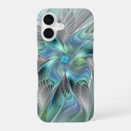 Abstracte blauwe groene vlinder Fantasy Fractal Ar iPhone 16 Hoesje