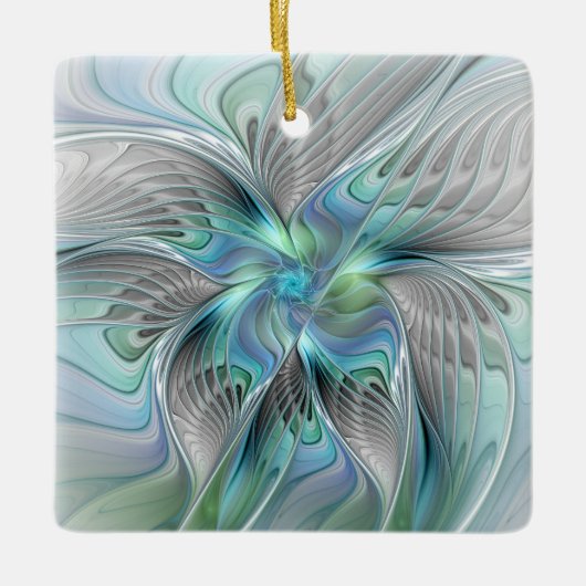 Abstracte blauwe groene vlinder Fantasy Fractal Ar Keramisch Ornament (Voorkant)