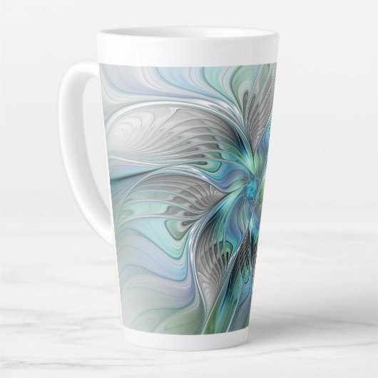 Abstracte blauwe groene vlinder Fantasy Fractal Ar Latte Mok (Linkerhoek)