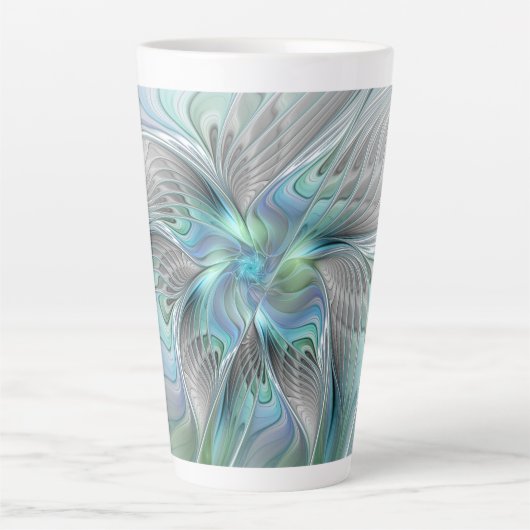 Abstracte blauwe groene vlinder Fantasy Fractal Ar Latte Mok (Voorkant)