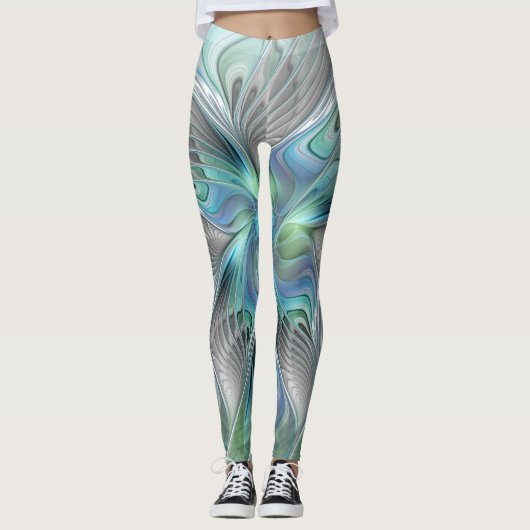 Abstracte blauwe groene vlinder Fantasy Fractal Ar Leggings (Voorkant)