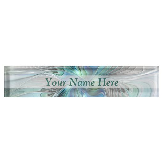 Abstracte blauwe groene vlinder Fantasy Fractal Ar Naambordje (Voorkant)