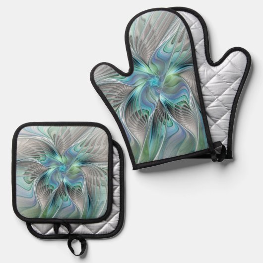 Abstracte blauwe groene vlinder Fantasy Fractal Ar Ovenwant & Pannenlap Set (Voorkant / Achterkant)