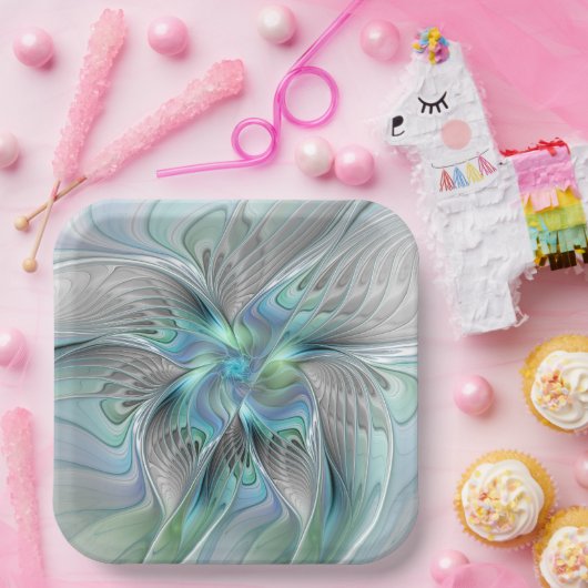 Abstracte blauwe groene vlinder Fantasy Fractal Ar Papieren Bordje (Feest)