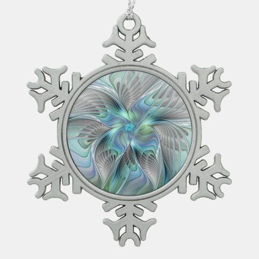 Abstracte blauwe groene vlinder Fantasy Fractal Ar Tin Sneeuwvlok Ornament (Voorkant)