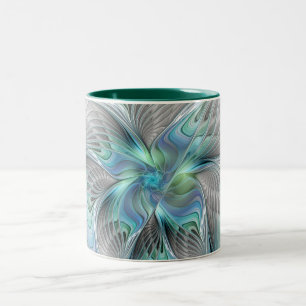 Abstracte blauwe groene vlinder Fantasy Fractal Ar Tweekleurige Koffiemok