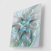 Abstracte blauwe groene vlinder Fantasy Fractal Ar Vierkante Klok (Hoek)