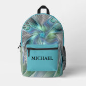 Abstracte blauwe groene vlinder Fantasy Fractal Na Bedrukte Rugzak (Voorkant)