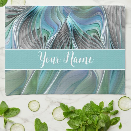 Abstracte blauwe groene vlinder Fantasy Fractal Na Theedoek (Gevouwen)