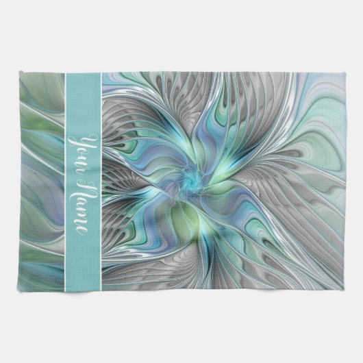 Abstracte blauwe groene vlinder Fantasy Fractal Na Theedoek (Horizontaal)