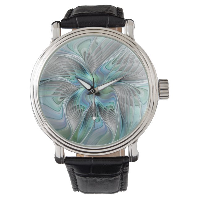 Abstracte Blauwe Groene Vlinder Fantasy Fractale K Horloge (Voorkant)
