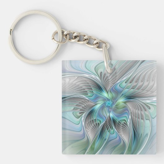 Abstracte Blauwe Groene Vlinder Fantasy Fractale K Sleutelhanger (Voorkant)
