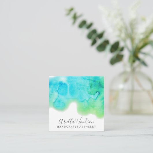 Abstracte Blauwe Groene Waterverf Jewelry Designer Vierkante Visitekaartje (Staand voorkant)