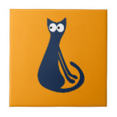 Abstracte blauwe kat op geel tegeltje (Voorkant)