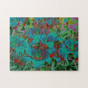 Abstracte Blauwe Lelies Regendruppels Bloem Kunst Legpuzzel