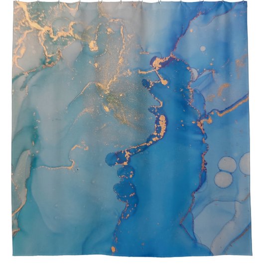 Abstracte blauwe marmer met glitter goud douchegordijn (Voorkant)