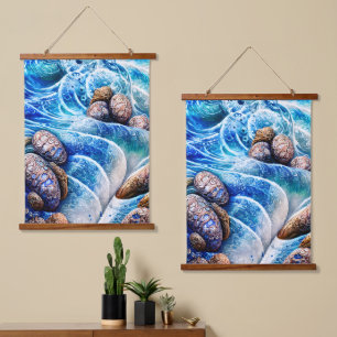 Abstracte blauwe oceaangolfmarmer Agate Gold Art Hangend Wandkleed
