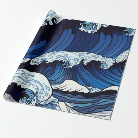 Abstracte blauwe oceaangolven Japans stijlkunstwer Cadeaupapier (Uitgerold)