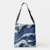 Abstracte blauwe oceaangolven Japans stijlkunstwer Crossbody Tas (Achterkant)
