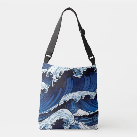 Abstracte blauwe oceaangolven Japans stijlkunstwer Crossbody Tas (Voorkant)