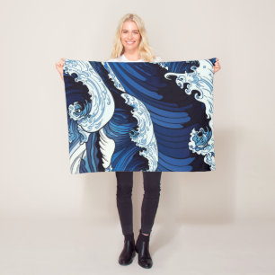 Abstracte blauwe oceaangolven Japans stijlkunstwer Fleece Deken